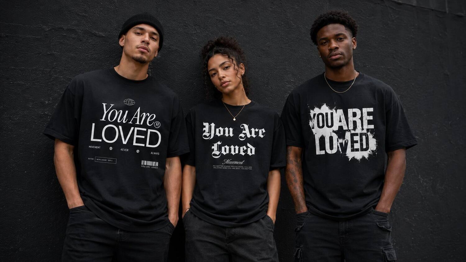 Three people wearing You Are Loved tees